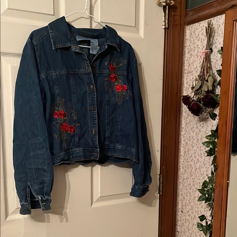 Blue Jean Jacket with Red Floral Embroidery